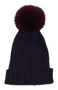 Tmavofialová melírovaná žebrovaná pletená čepice s bambulí