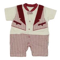 Bílo-červený bavlněný kraťasový overal s kostkovaným vzorem a motýlkem