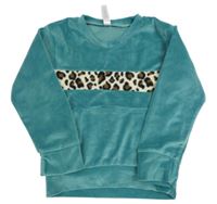 Zelená plyšová mikina s leopardím pruhem 
