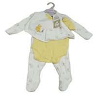 Nové - 4 set - bílý overal s Púem + žluté body + bryndák + čepice 