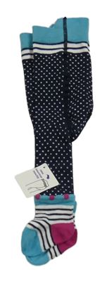 Nové - tmavomodro-růžovo-modré vzorované/pruhované punčocháče 