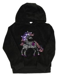 Černá plyšová mikina s jednorožcem z flitrů a kapucí Kiki&Koko