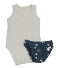 2 set - bílé body + tmavomodré slipy s míči 