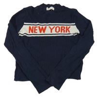 Tmavomodrý žebrovaný lehký crop svetr s nápisem H&M