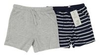 Nové - 2x teplákové kraťasy - šedé melírované + tmavomodro-bílé pruhované F&F