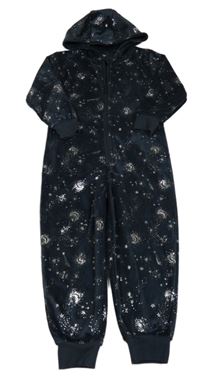 Tmavomodrá plyšová kombinéza s vesmírem a kapucí zn. George