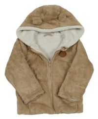 Béžová plyšová zateplená propínací mikina s medvídky a kapucí 