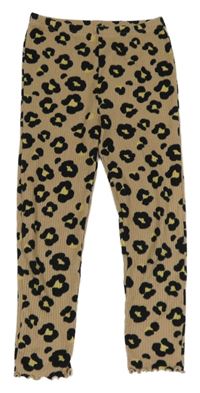 Béžovo-černo-žluté žebrované úpletové legíny s leopardím vzorem Tu