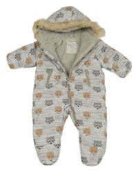 Šedá melírovaná šusťáková zimní kombinéza se zvířátky a kapucí Mothercare