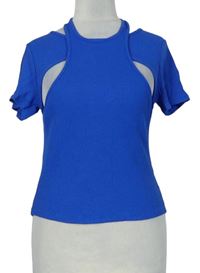 Dámské modré žebrované crop tričko s průstřihy Primark 