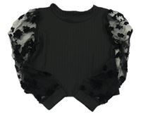 ČErné žebrované crop triko se tylovými rukávy s kytičkami Shein