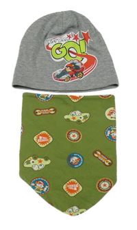 2set - Šedá bavlněná čepice s potiskem + khaki nákrčník s auty