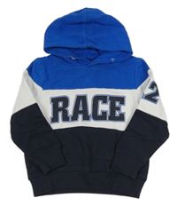 Modro-bílo-tmavomodrá mikina s nápisem a kapucí 