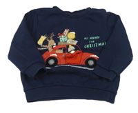 Tmavomodrá vánoční mikina s autem a dárky a zvířátky a nápisy F&F