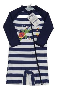 Nové - Tmavomodro-bílý pruhovaný UV overal s želvou 