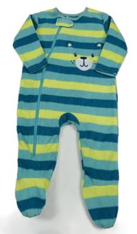 Zeleno-žlutý pruhovaný fleecový overal s medvídkem 