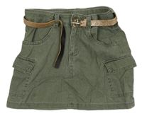 Khaki riflová sukně s kapsami a páskem 