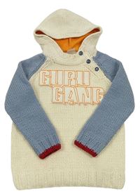 Smetanovo-modrý vlněný svetr s logem a kapucí Guru Gang
