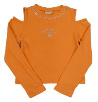 Oranžové žebrované crop triko s kamínky a volnými rameny zn. Matalan