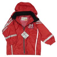 Nové - Červená šusťáková jarní bunda s proužky a kapucí