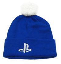 Kobaltově modrá pletená čepice PlayStation s bambulí 