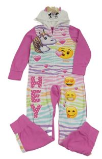 Růžovo-bílá fleecová kombinéza s kapucí - jednorožec Emoji