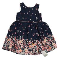 Nové - Tmavomodré plátěné šaty s kytičkami Primark