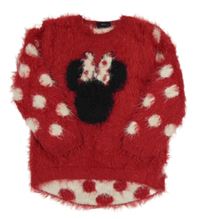 Červeno-bílý chlupatý svetr s Minnie a puntíky Disney