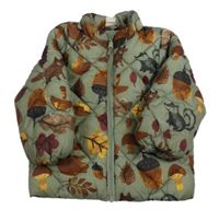 Khaki prošívaná šusťáková zimní bunda se zvířátky a listy a houbičkami H&M