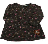 Tmavohnědá manšestrová šatová tunika s lístečky a kytičkami a sovičkou Topolino