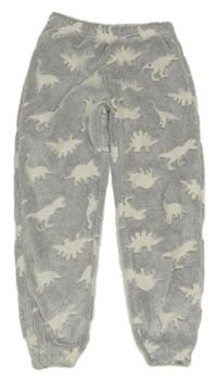 Šedo-bílé chlupaté pyžamové kalhoty s dinosaury