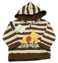 Nové - tmavohnědo-smetanová pruhovaná propínací teplá mikina s Pú a kapucí Disney