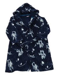 Tmavomodrý plyšový župan s kosmonauty a planetami a raketami a kapucí Bluezoo