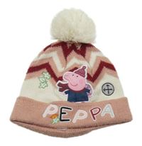 Starorůžovo-smetanovo-vínová vzorovaná pletená čepice s Peppa Pig a bambulí George