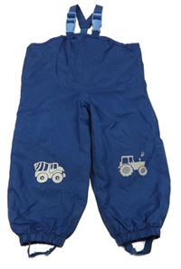 Tmavomodré šusťákové nepromokavé laclové podšité kalhoty se stavebními stroji impidimpi