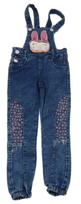 Modré plísňové teplákové riflové laclové kalhoty s 3D zajíčkem a srdíčky a kamínky 