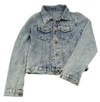 Modrá plísňová riflová crop bunda s nápisy z flitrů