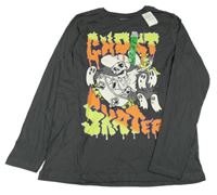 Nové - tmavošedé triko s kostrou a nápisy PRIMARK