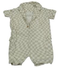 Šedobéžovo-smetanový kostkovaný cargo lněný kraťasový overal s límečkem George