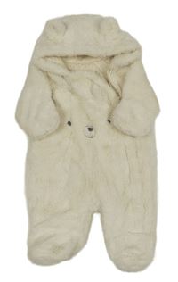 Smetanová kožešinová zateplená kombinéza s medvědem a kapucí Nutmeg