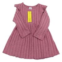 Nové - Tmavorůžové melírované žebrované úpletové šaty s volánky