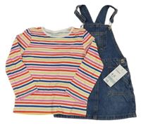 Nové - 2set - Modré riflové pinny laclové šaty + bílo-barevné pruhované triko Primark