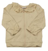 Světlehnědá propínací mikina s límečkem s madeirou a výšivkou So Cute