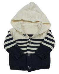 Smetanovo-antracitový propínací svetr s pruhy a kapucí Tu