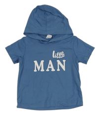 Modré tričko s nápisem a kapucí