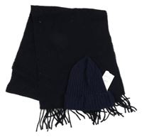 Nové 2 set - tmavomodrá vlněná šála s třásněmi + vlněná čepice 