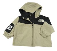 Béžovo-černá šusťáková jarní bunda s nápisem a kapucí 