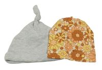 2x čepice - šedá + hnědo-smetnaová květovaná 