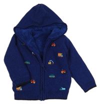 Tmavomodrý melírovaný zateplený propínací svetr s auty a kapucí Nutmeg