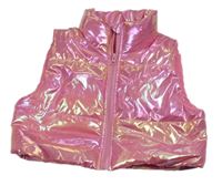Růžová lesklá šusťáková zateplená crop vesta Shein